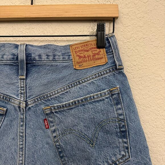 LEVI'S 501 High Waist Button Fly Distressed Jean Shorts in Blue - Picture 6 of 12